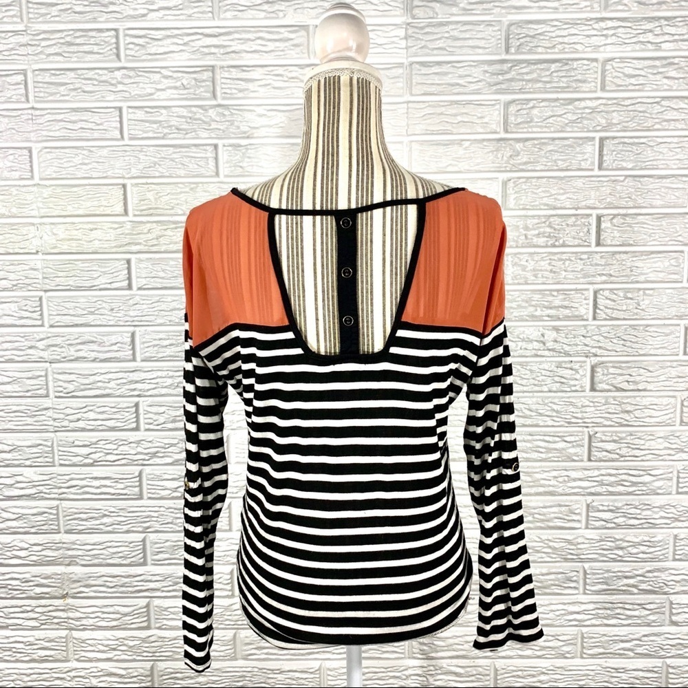 Striped Top w/Sheer Coral Neckline Open Back - Picture 7 of 8